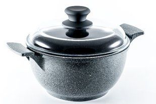 GIPFEL Каструля BAVARI 28x13,5см/6,0л з литого алюмінію зі скляною кришкою, з індукційним дном, з 4-шаровим мармуровим антипригарним покриттям Whitford, з бакелітовою ручкою з покриттям "soft touch". Товщина: 1,8/5мм чорний 0519 GIPFEL
